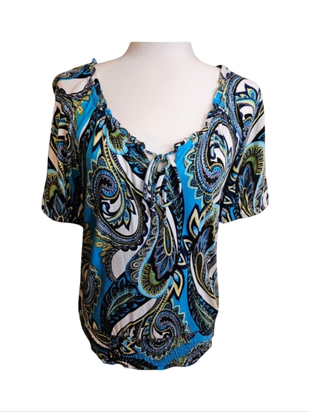 Vintage Y2K Apt. 9 Blue Paisley Smocked Boho Blouse Top S